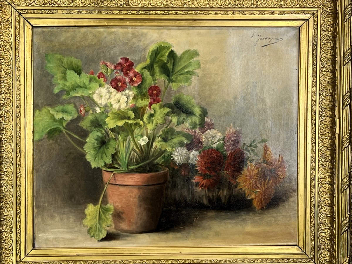 Huile Sur Toile Signée " Louise Jassogne " Nature Morte Primevères Et Dahlias-photo-1