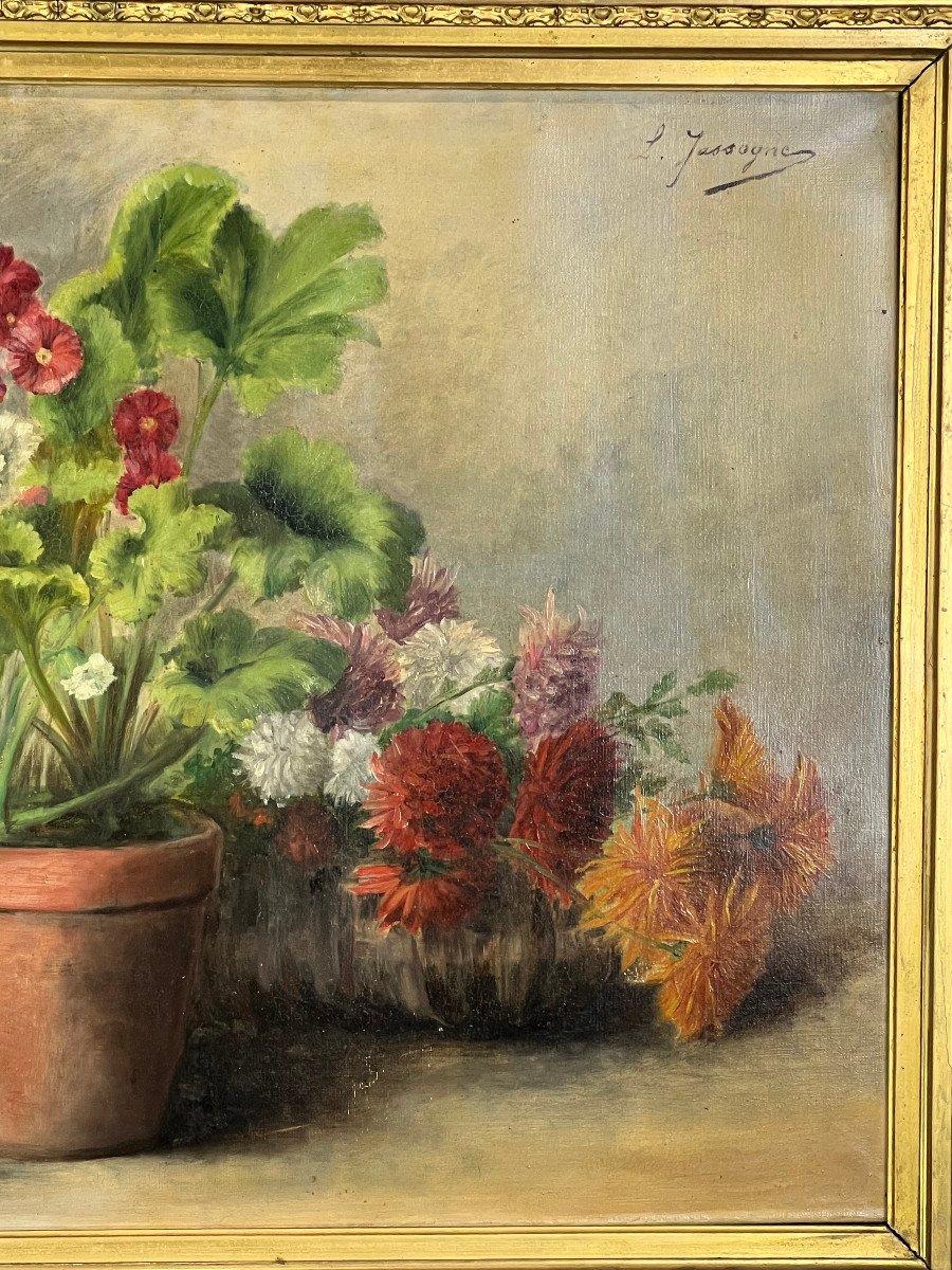 Huile Sur Toile Signée " Louise Jassogne " Nature Morte Primevères Et Dahlias-photo-3