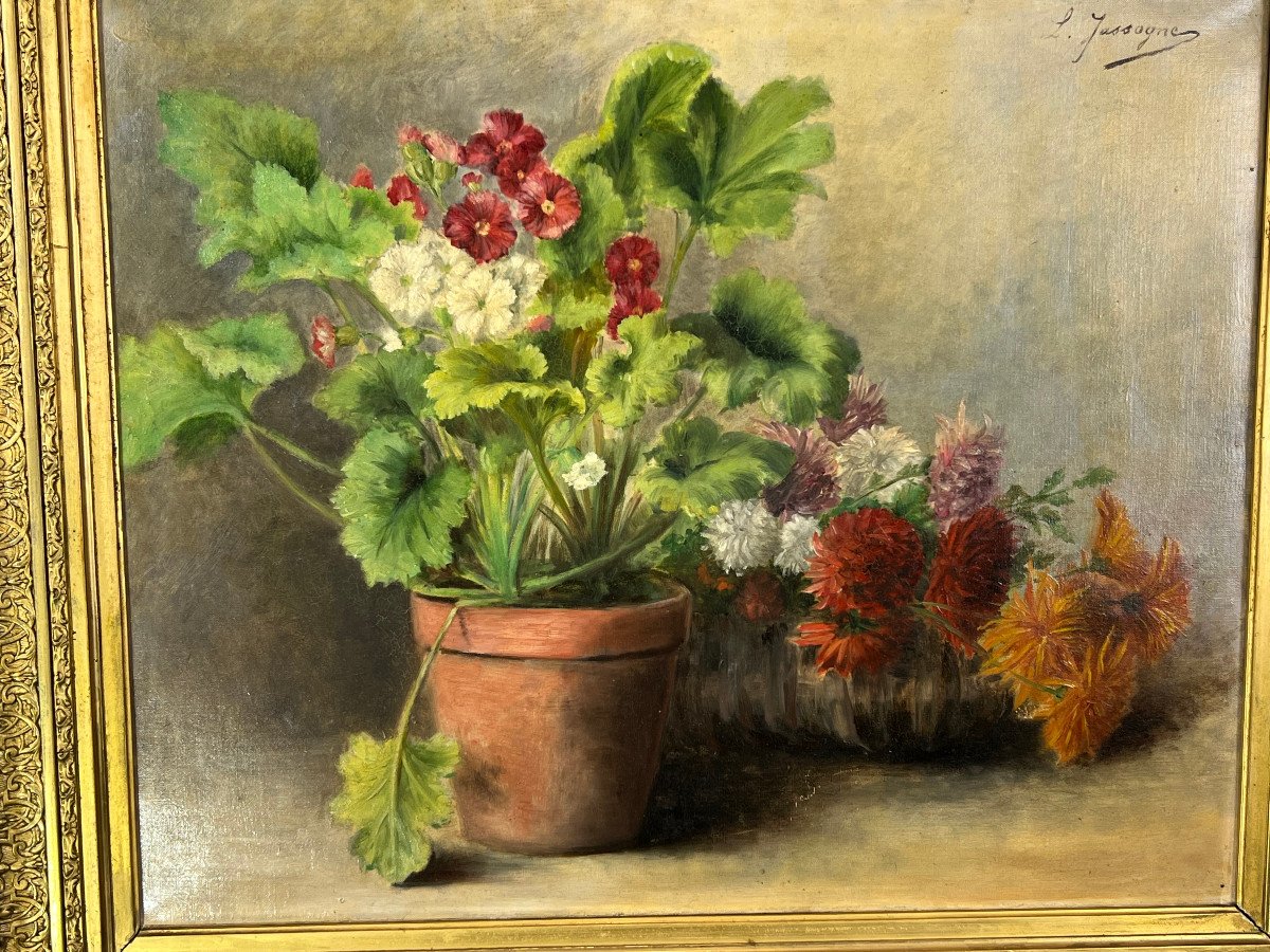 Huile Sur Toile Signée " Louise Jassogne " Nature Morte Primevères Et Dahlias-photo-6