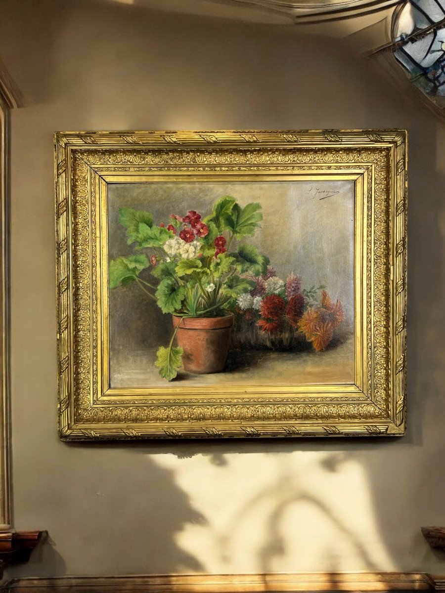 Huile Sur Toile Signée " Louise Jassogne " Nature Morte Primevères Et Dahlias-photo-7