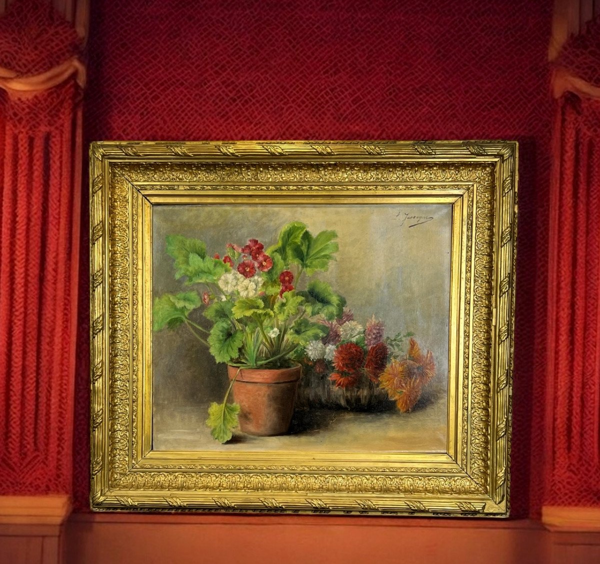 Huile Sur Toile Signée " Louise Jassogne " Nature Morte Primevères Et Dahlias