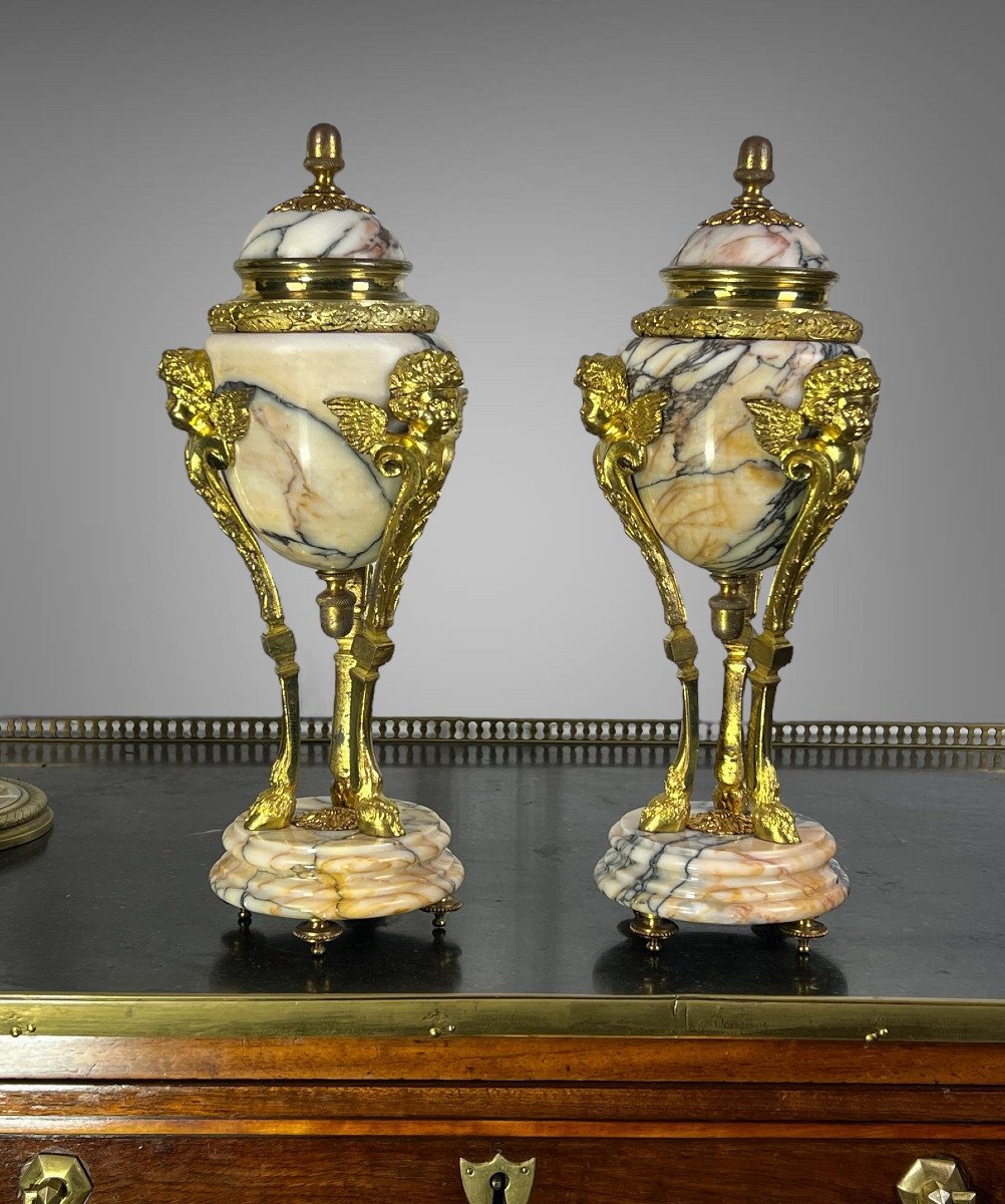 Pair Of 19th Century Marble Cassolettes Decorated With Gilt Bronze In The Louis XVI Style-photo-2