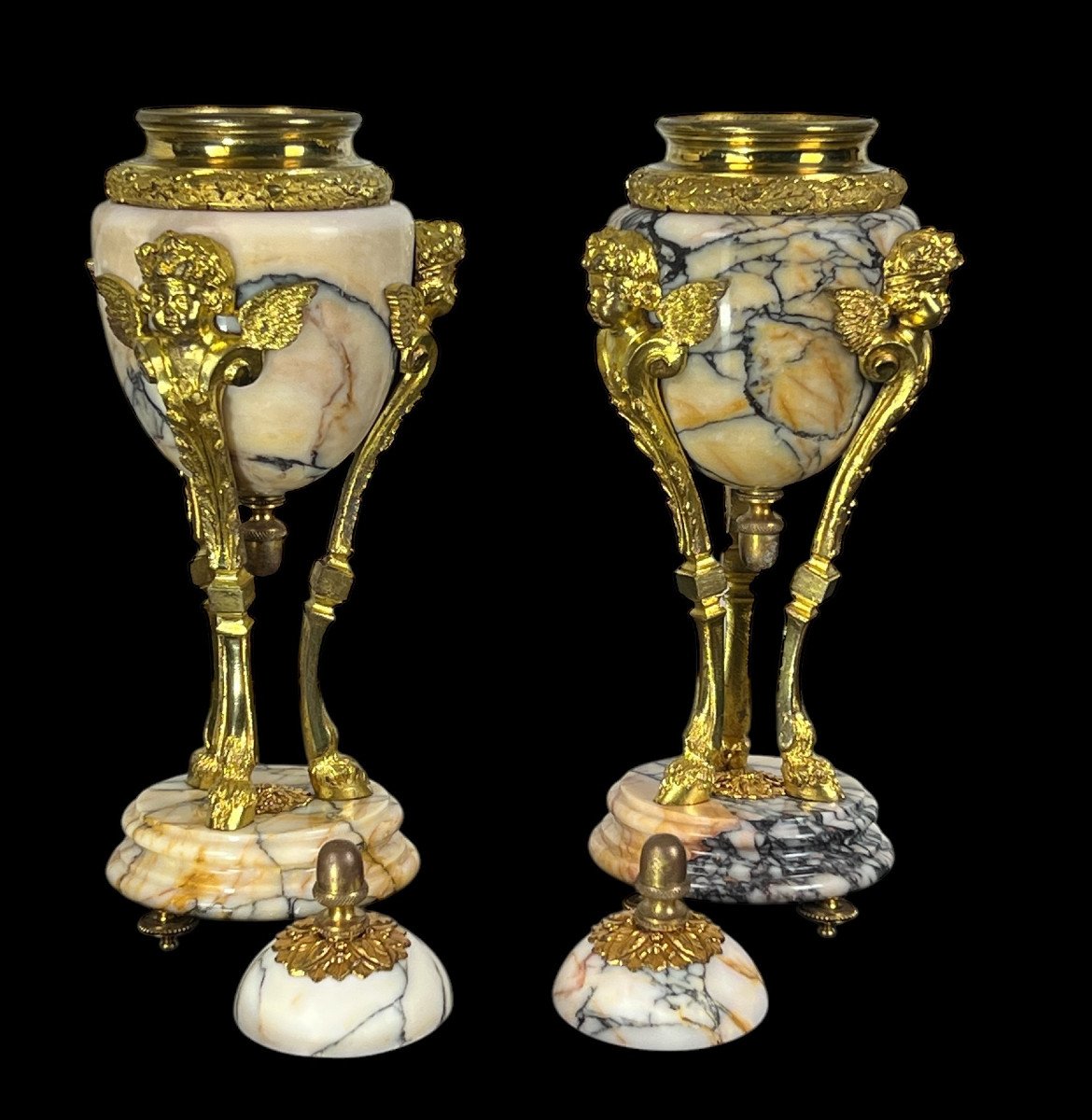 Pair Of 19th Century Marble Cassolettes Decorated With Gilt Bronze In The Louis XVI Style-photo-4