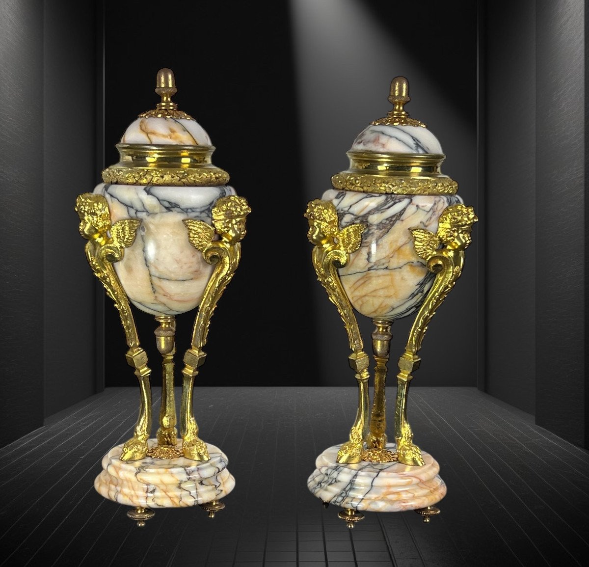 Pair Of 19th Century Marble Cassolettes Decorated With Gilt Bronze In The Louis XVI Style