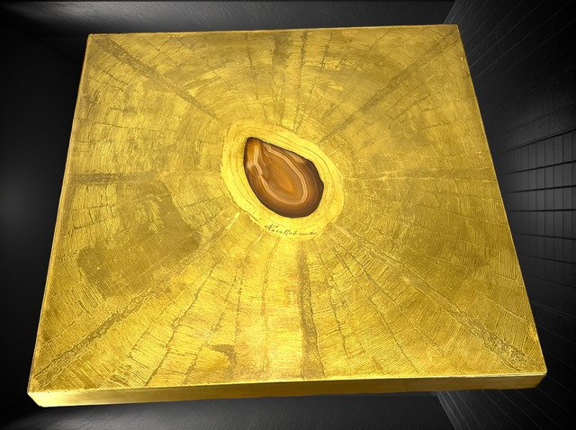 Vintage Coffee Table Signed Paco Rabane From The 70s In Engraved Brass And Agate-photo-3