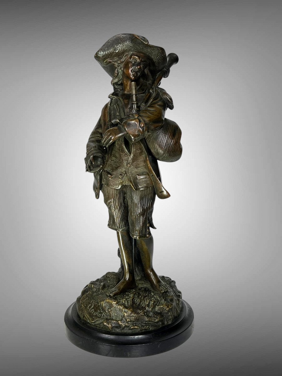 Antique Bronze With Shaded Patina Signed By "e. Clavier" The Bagpipe Player-photo-7