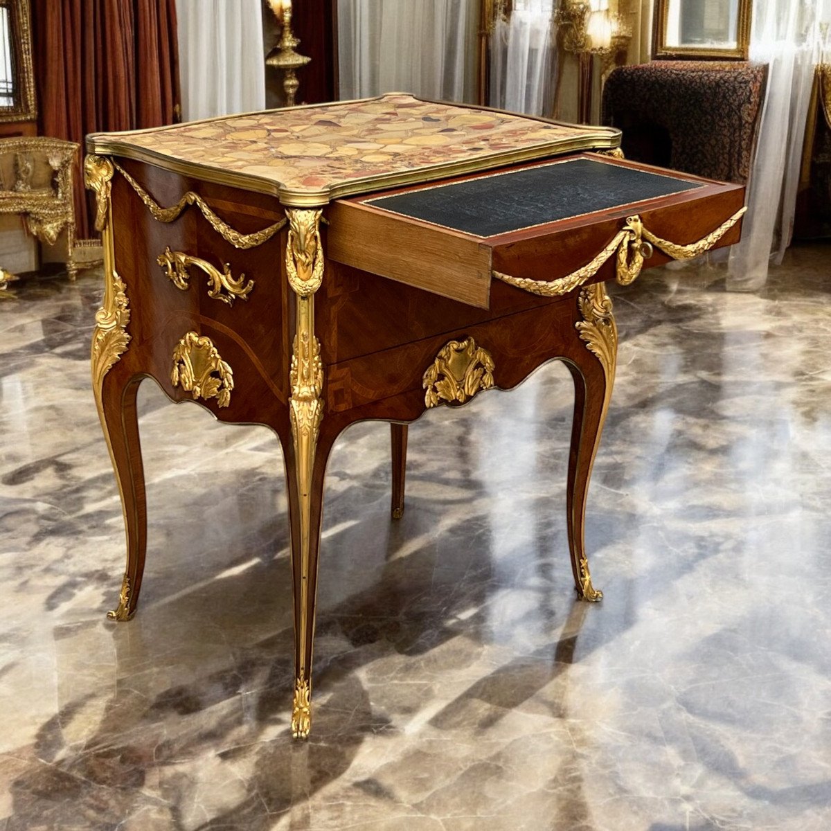 Napoleon III Living Room Furniture In Marquetry Decorated With Gilt Bronze After Sormani-photo-2