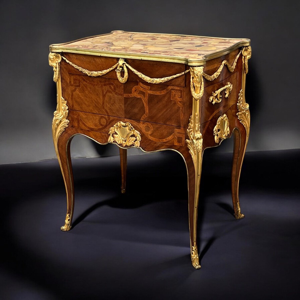 Napoleon III Living Room Furniture In Marquetry Decorated With Gilt Bronze After Sormani-photo-3