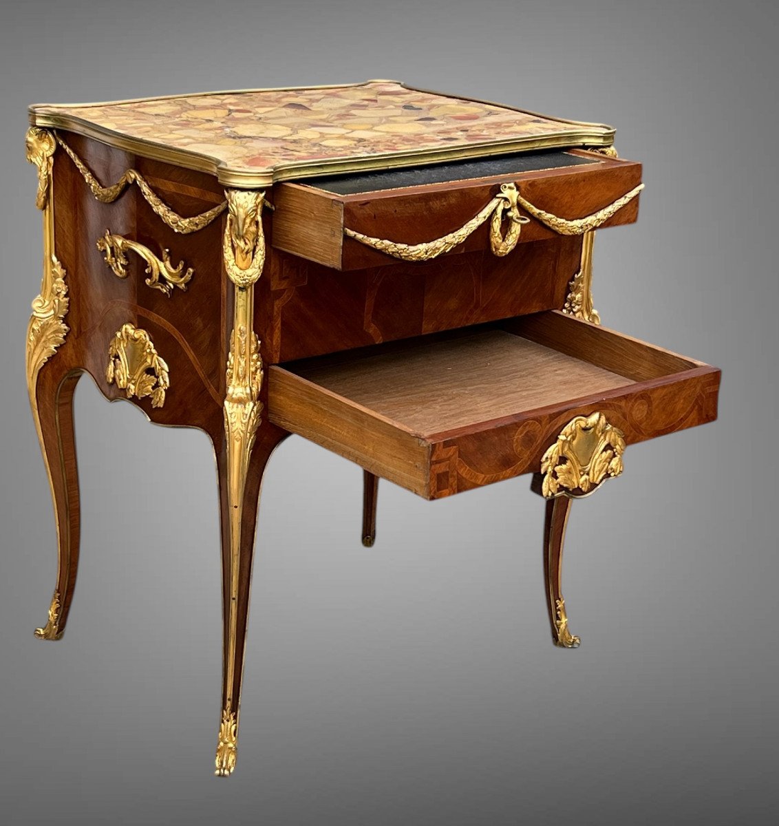 Napoleon III Living Room Furniture In Marquetry Decorated With Gilt Bronze After Sormani-photo-5