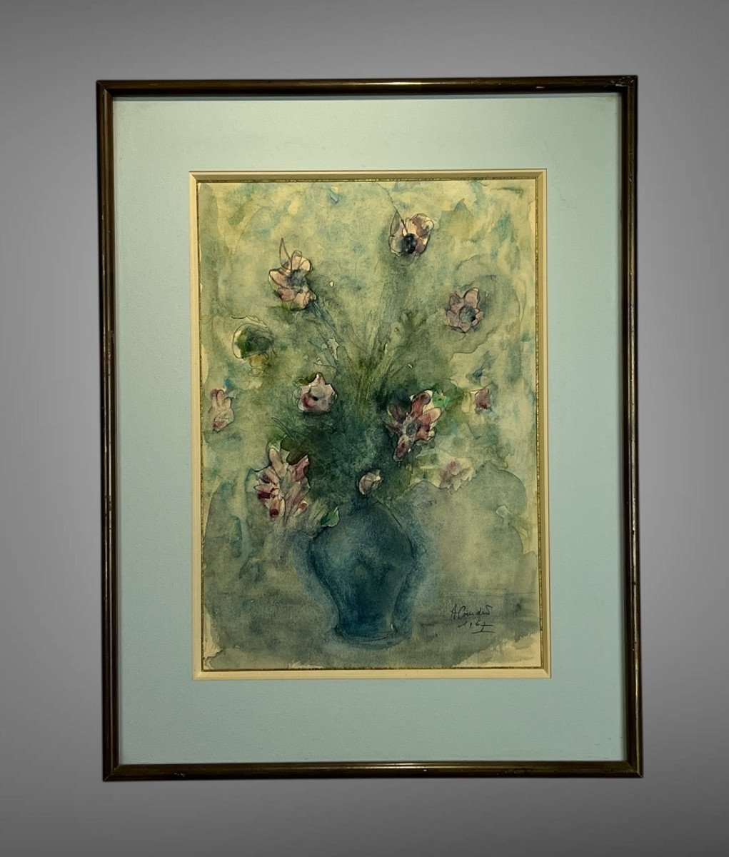 Superb Watercolor Under Glass Signed By "a Coudert" The Bouquet Of Flowers "-photo-2