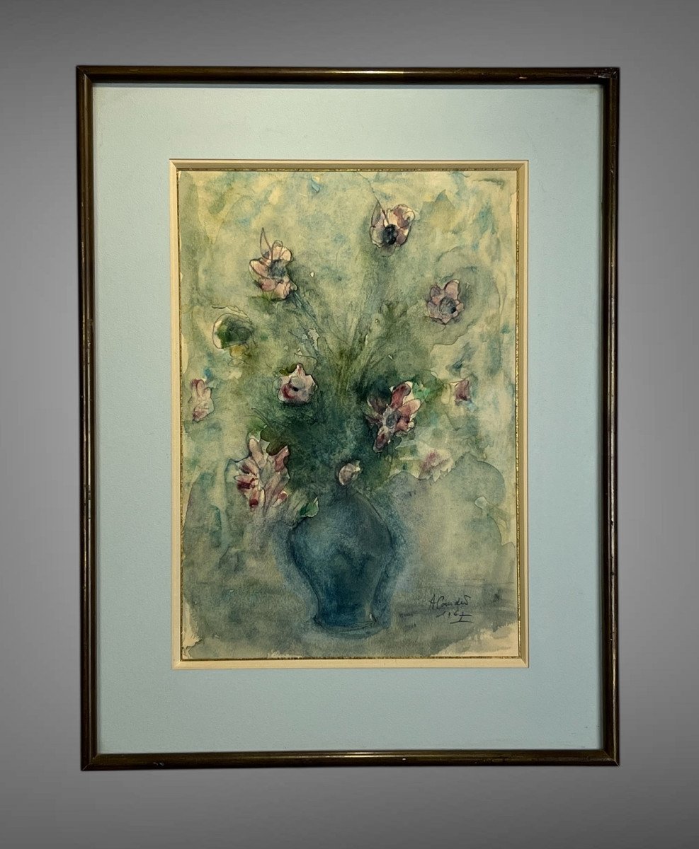 Superb Watercolor Under Glass Signed By "a Coudert" The Bouquet Of Flowers "-photo-3