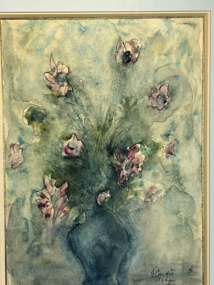 Superb Watercolor Under Glass Signed By "a Coudert" The Bouquet Of Flowers "-photo-7