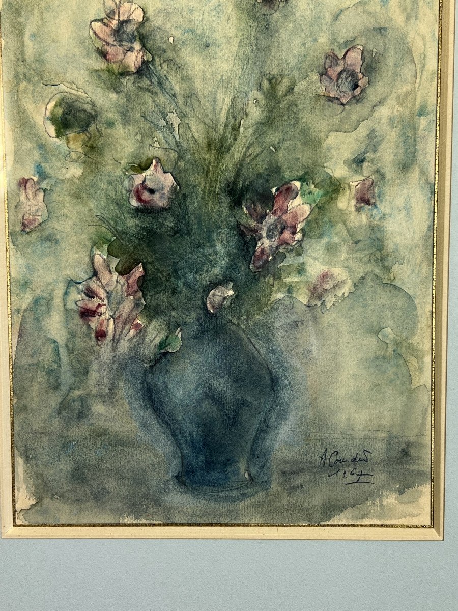 Superb Watercolor Under Glass Signed By "a Coudert" The Bouquet Of Flowers "-photo-8