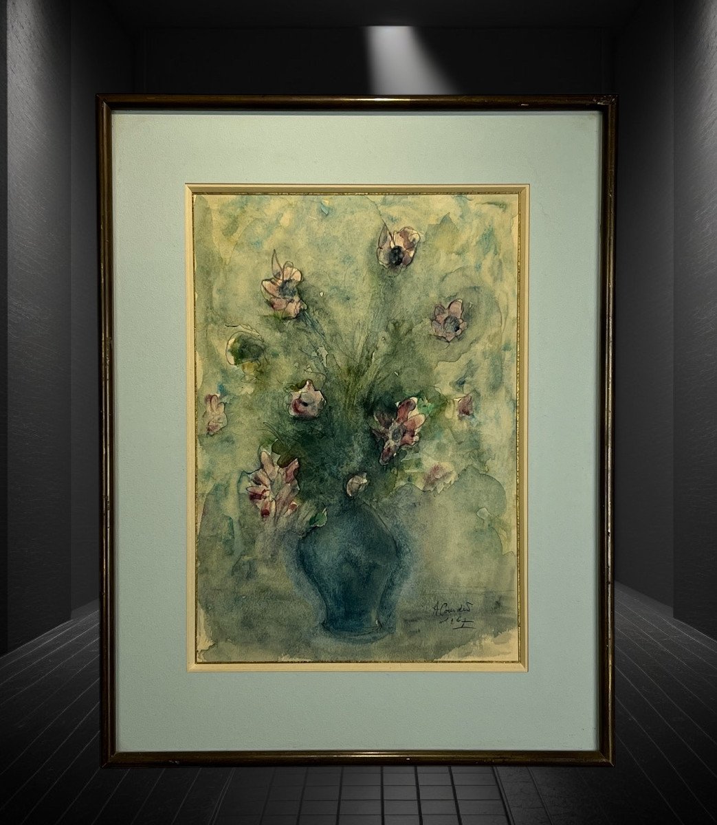 Superb Watercolor Under Glass Signed By "a Coudert" The Bouquet Of Flowers "