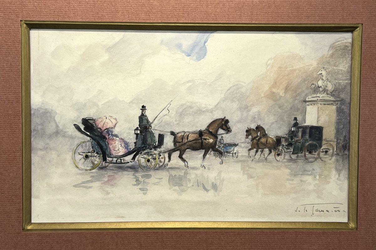 Aquarelle Sous Verre De " J. Le Tournier " Représentant Paris Des Années 1900 "-photo-3