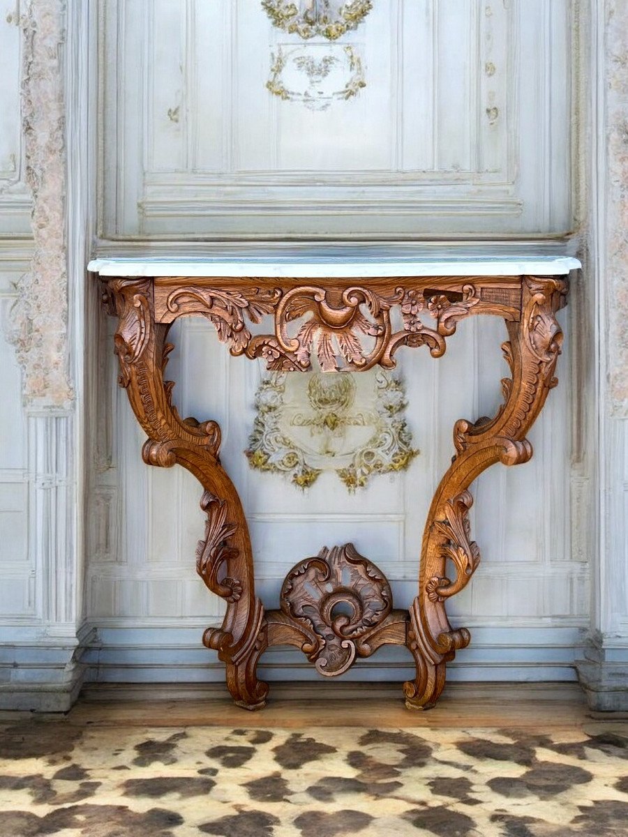 Antique Louis XV Style Console Table In Carved Oak With A Marble Top-photo-2