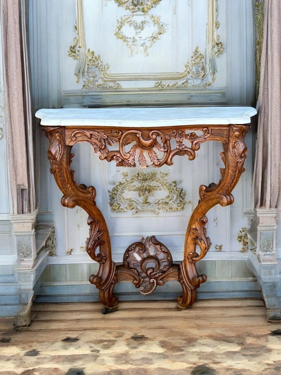 Antique Louis XV Style Console Table In Carved Oak With A Marble Top-photo-3