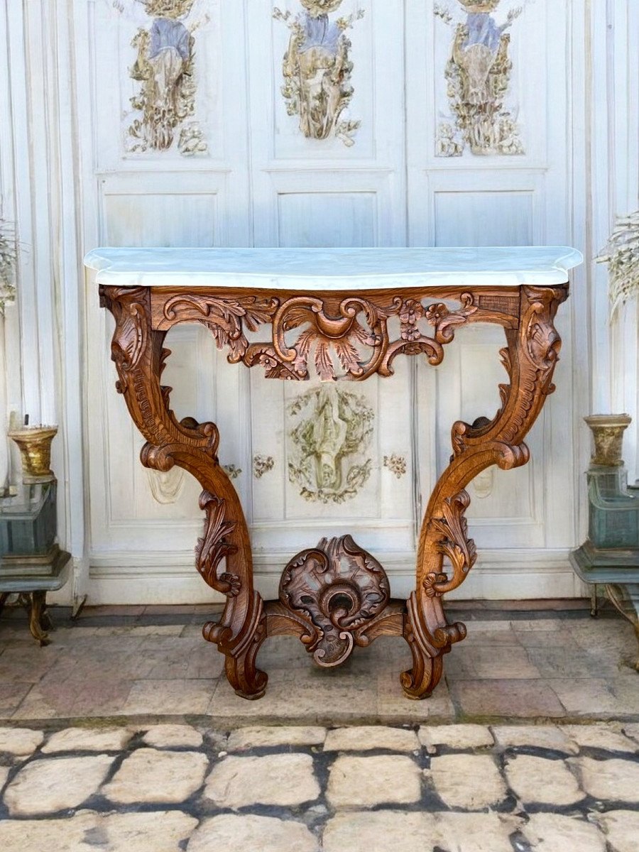 Antique Louis XV Style Console Table In Carved Oak With A Marble Top-photo-4