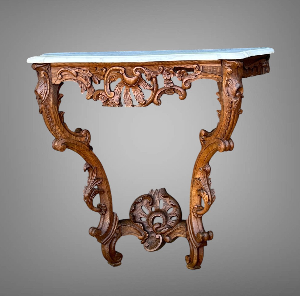 Antique Louis XV Style Console Table In Carved Oak With A Marble Top-photo-1