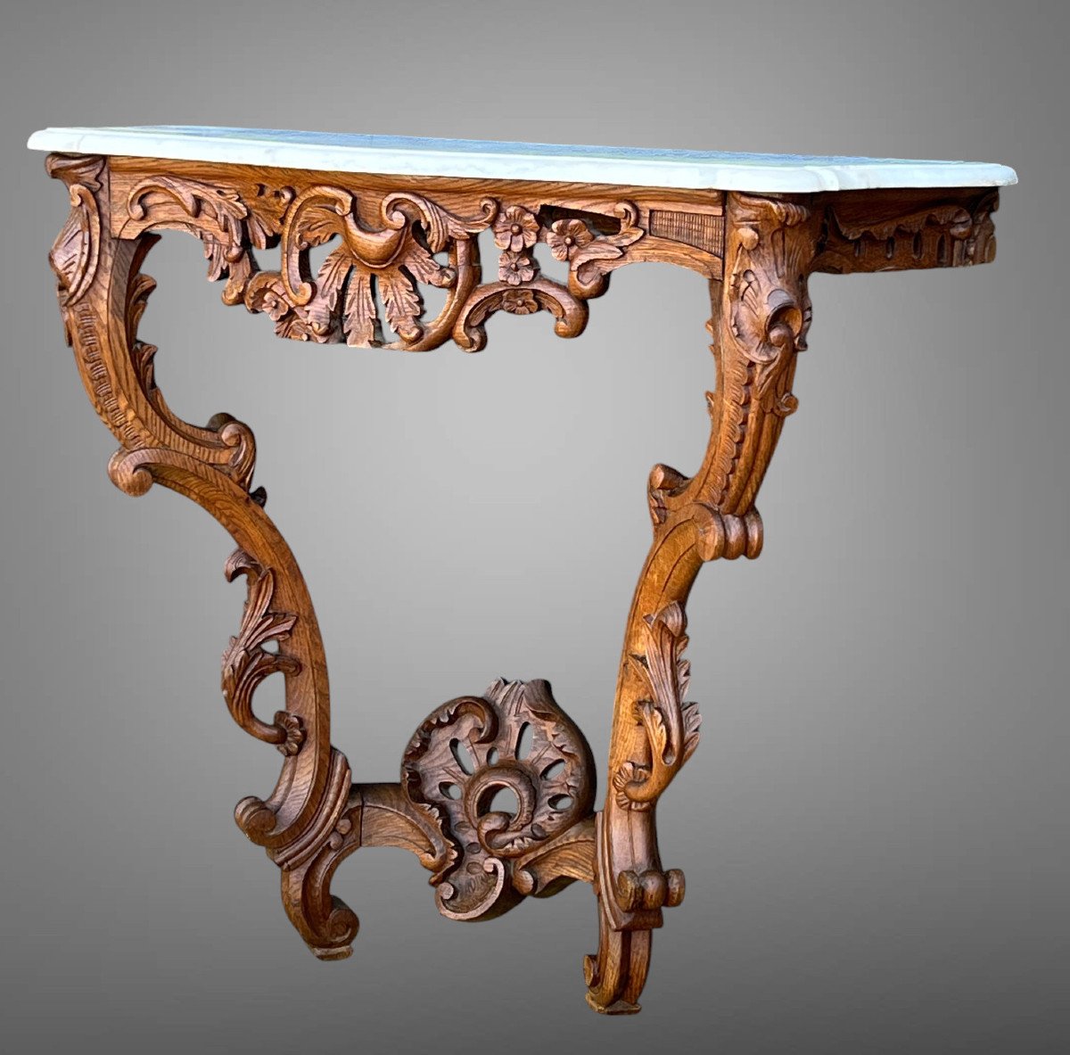 Antique Louis XV Style Console Table In Carved Oak With A Marble Top-photo-2