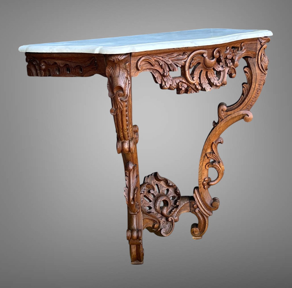 Antique Louis XV Style Console Table In Carved Oak With A Marble Top-photo-3