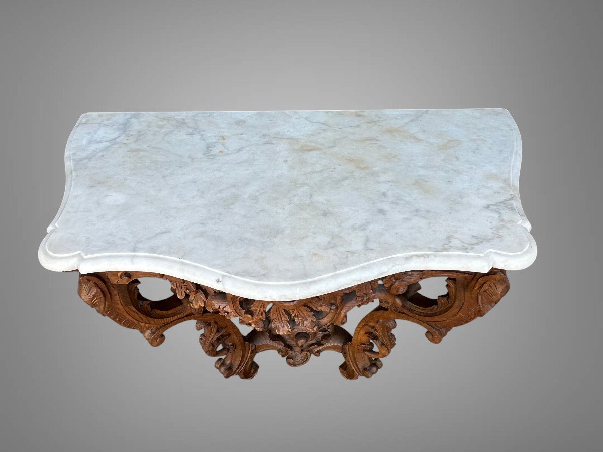 Antique Louis XV Style Console Table In Carved Oak With A Marble Top-photo-4