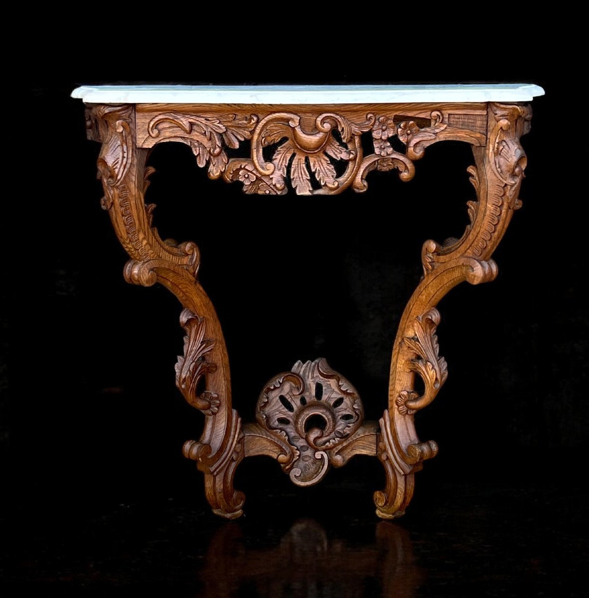 Antique Louis XV Style Console Table In Carved Oak With A Marble Top