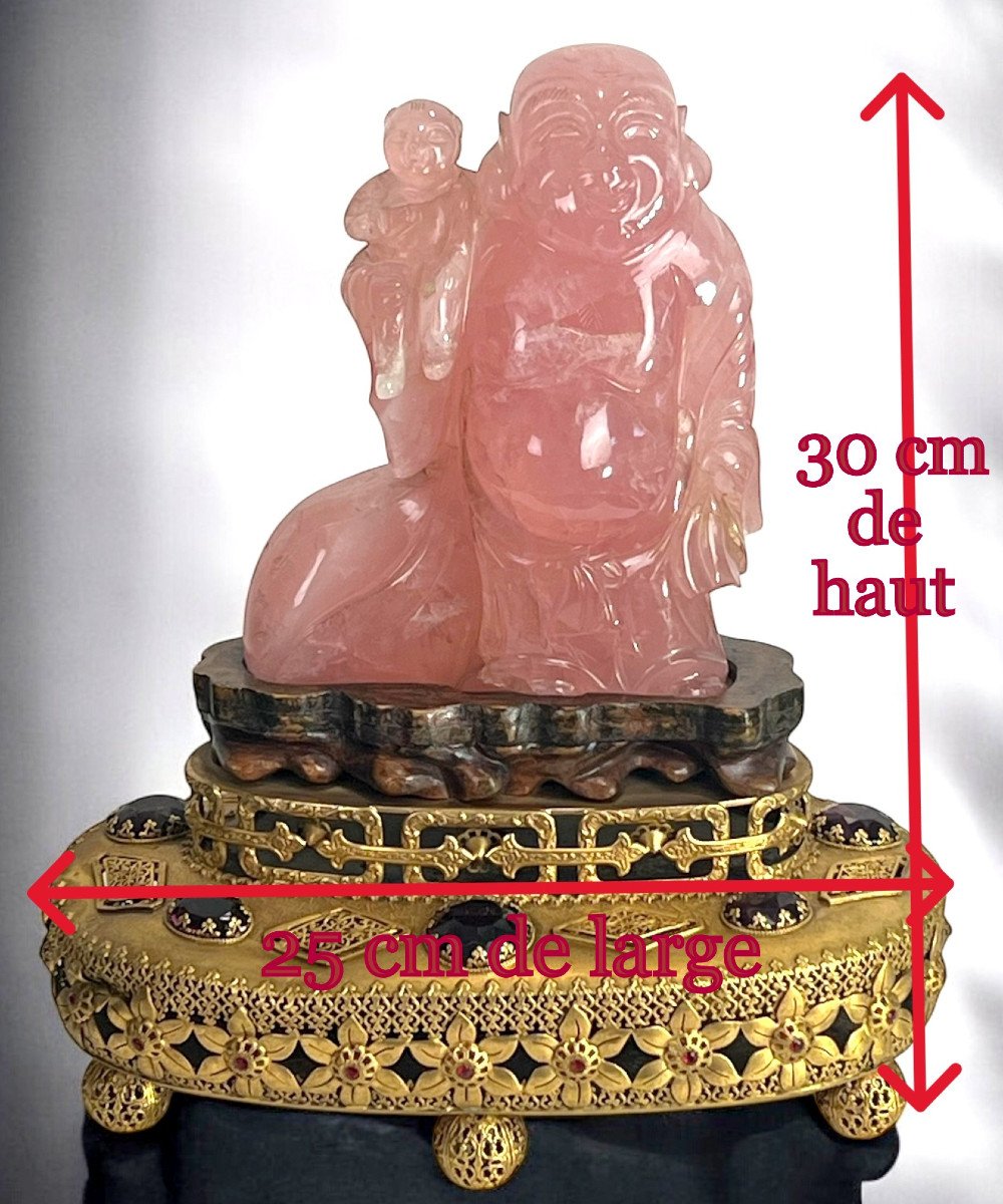 Chine / Sculpture /bouddha En Quartz Rose Avec Socle En Bronze Et Pierres Rouges-photo-3