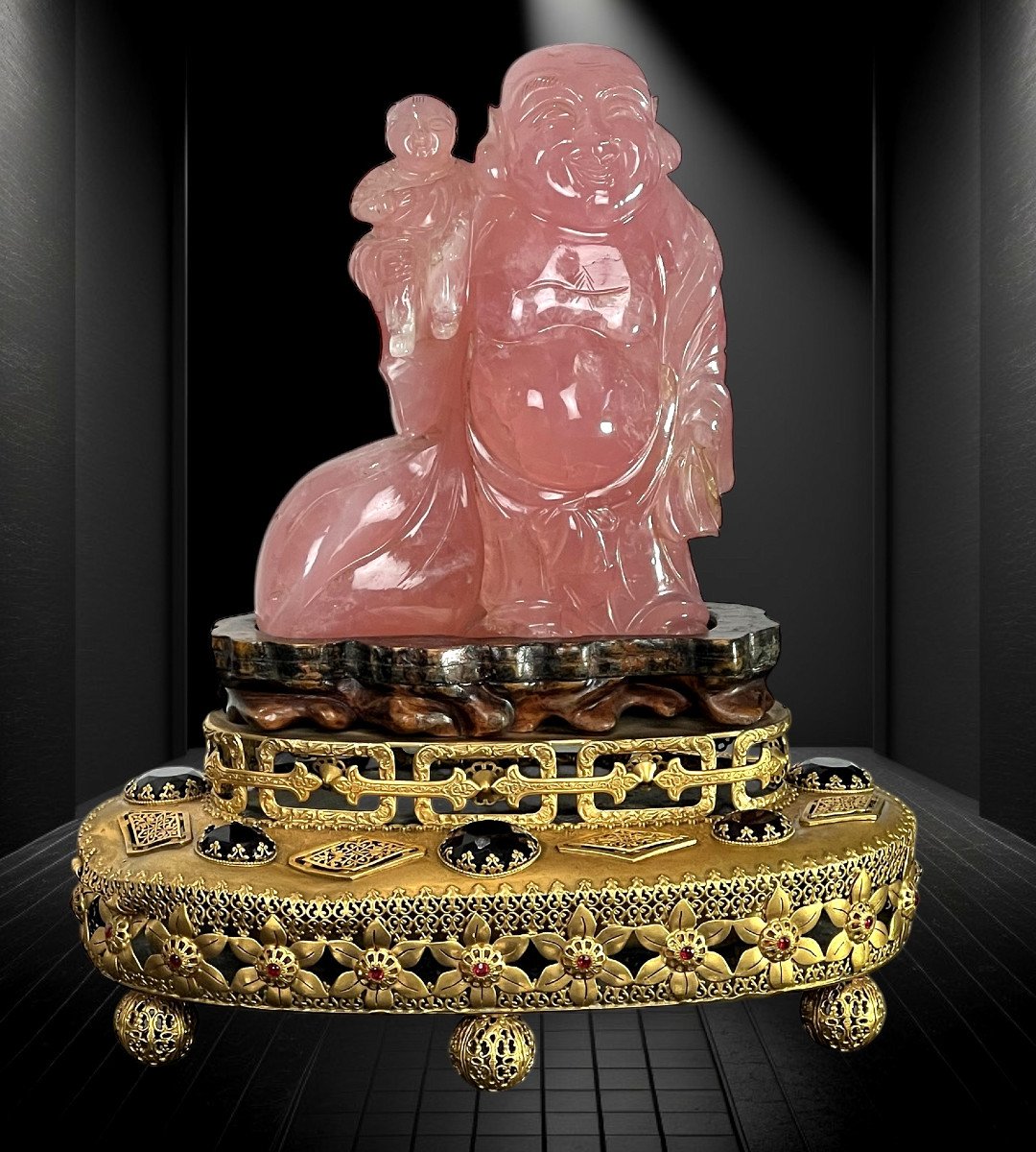 Chine / Sculpture /bouddha En Quartz Rose Avec Socle En Bronze Et Pierres Rouges-photo-4