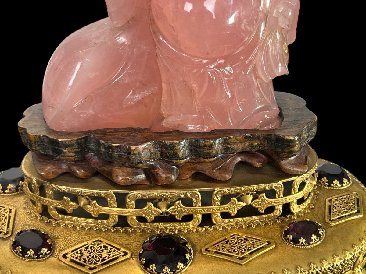 Chine / Sculpture /bouddha En Quartz Rose Avec Socle En Bronze Et Pierres Rouges-photo-5