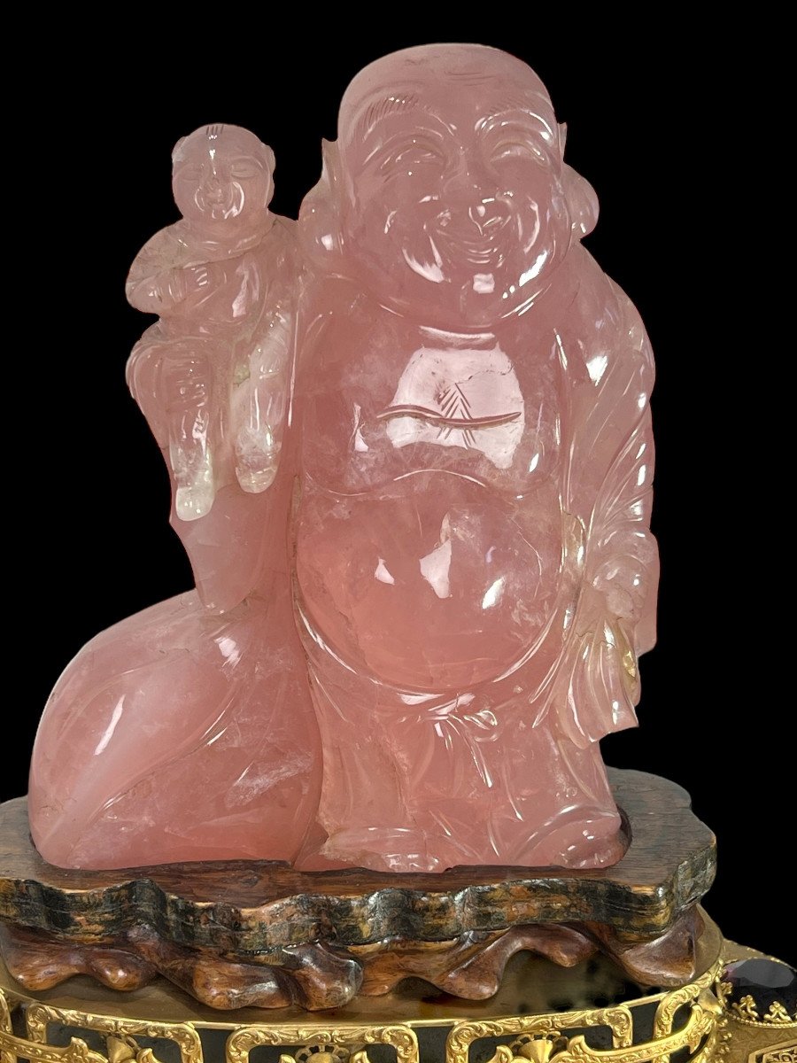 Chine / Sculpture /bouddha En Quartz Rose Avec Socle En Bronze Et Pierres Rouges-photo-6