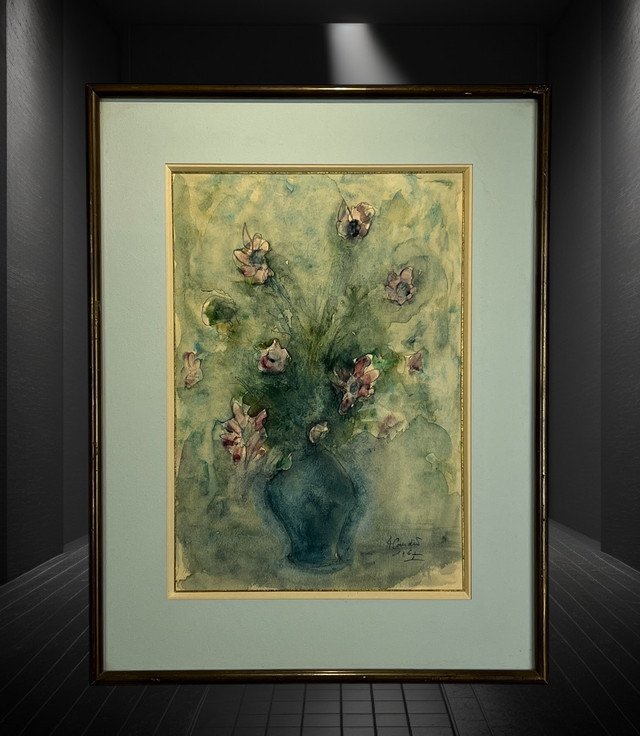  Watercolor Under Glass Signed By "a. Coudert" The Bouquet Of Flowers "