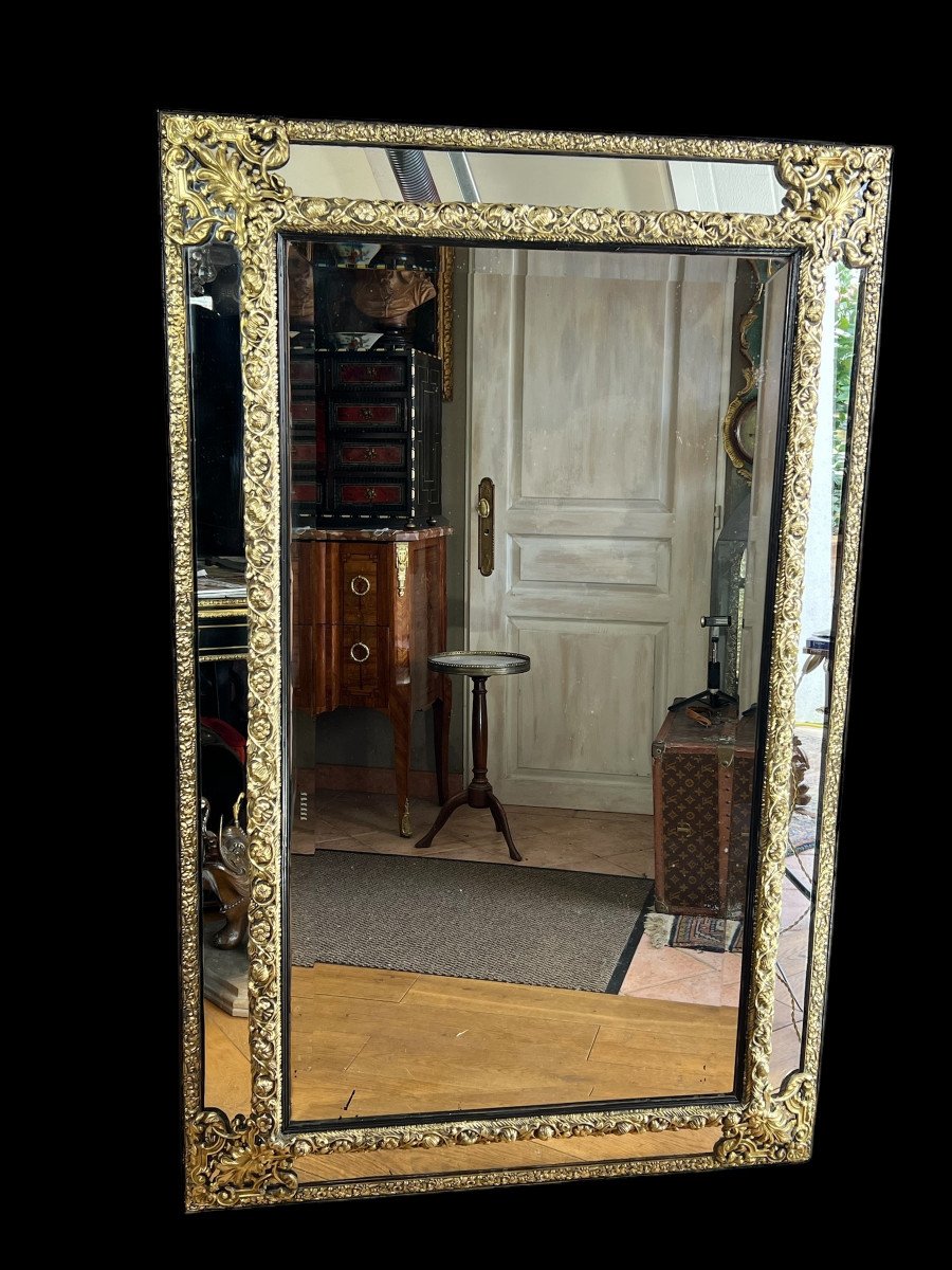 Large Mirror With Parecloses In Repoussé Brass, Napoleon III Period, 1.50 M High -photo-3