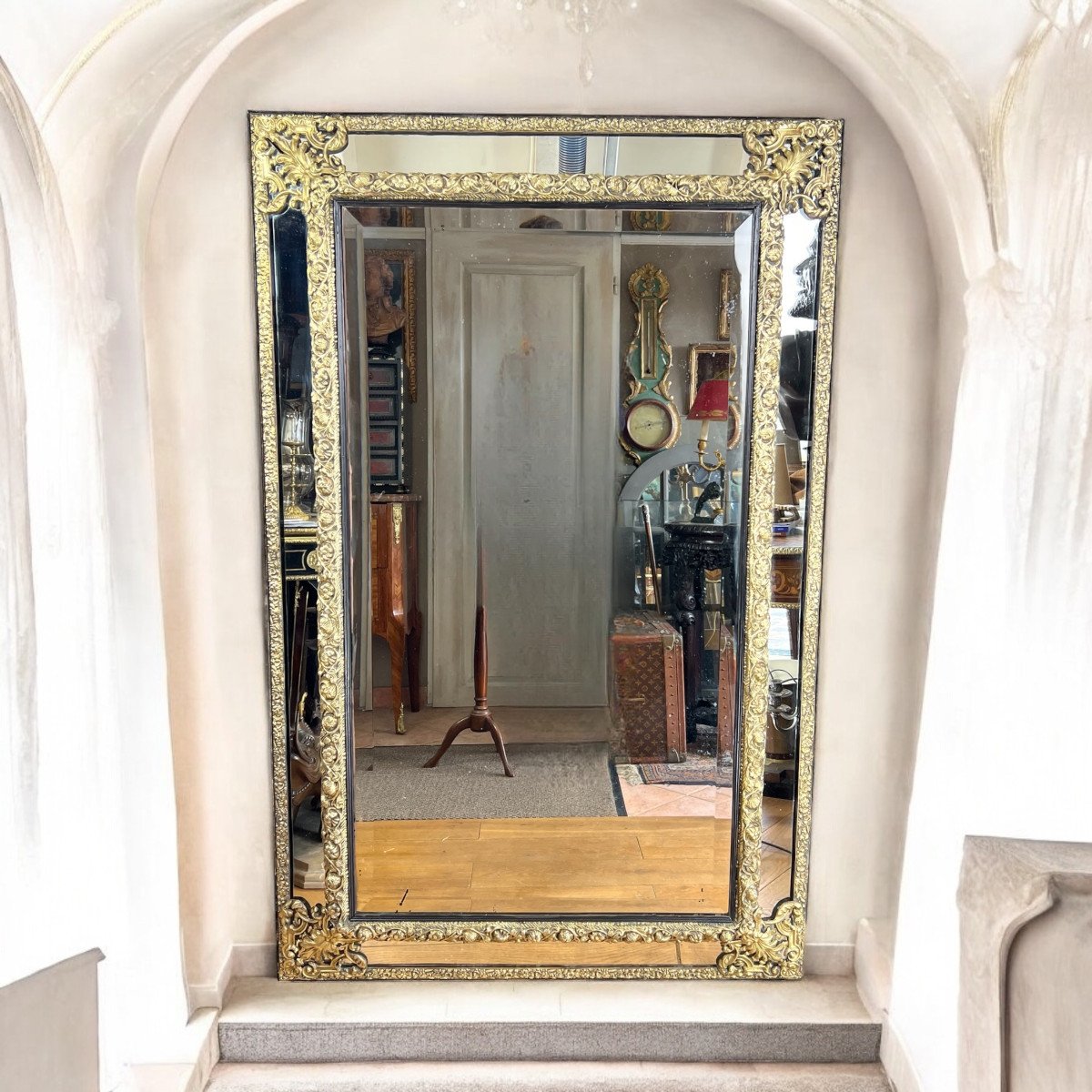 Large Mirror With Parecloses In Repoussé Brass, Napoleon III Period, 1.50 M High -photo-4