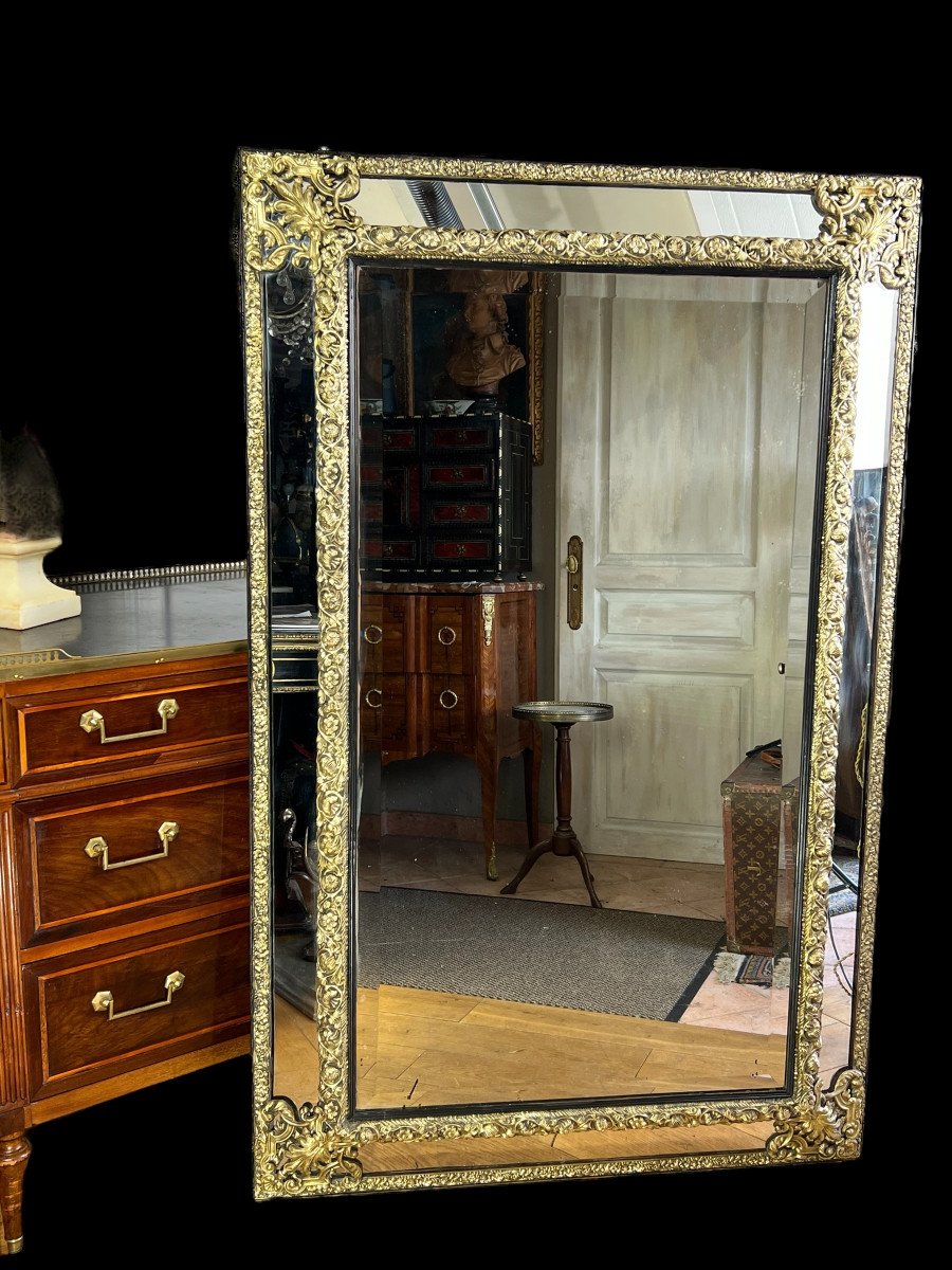 Large Mirror With Parecloses In Repoussé Brass, Napoleon III Period, 1.50 M High -photo-2