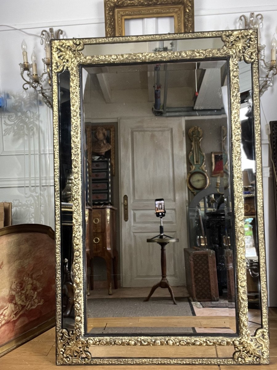 Large Mirror With Parecloses In Repoussé Brass, Napoleon III Period, 1.50 M High -photo-2