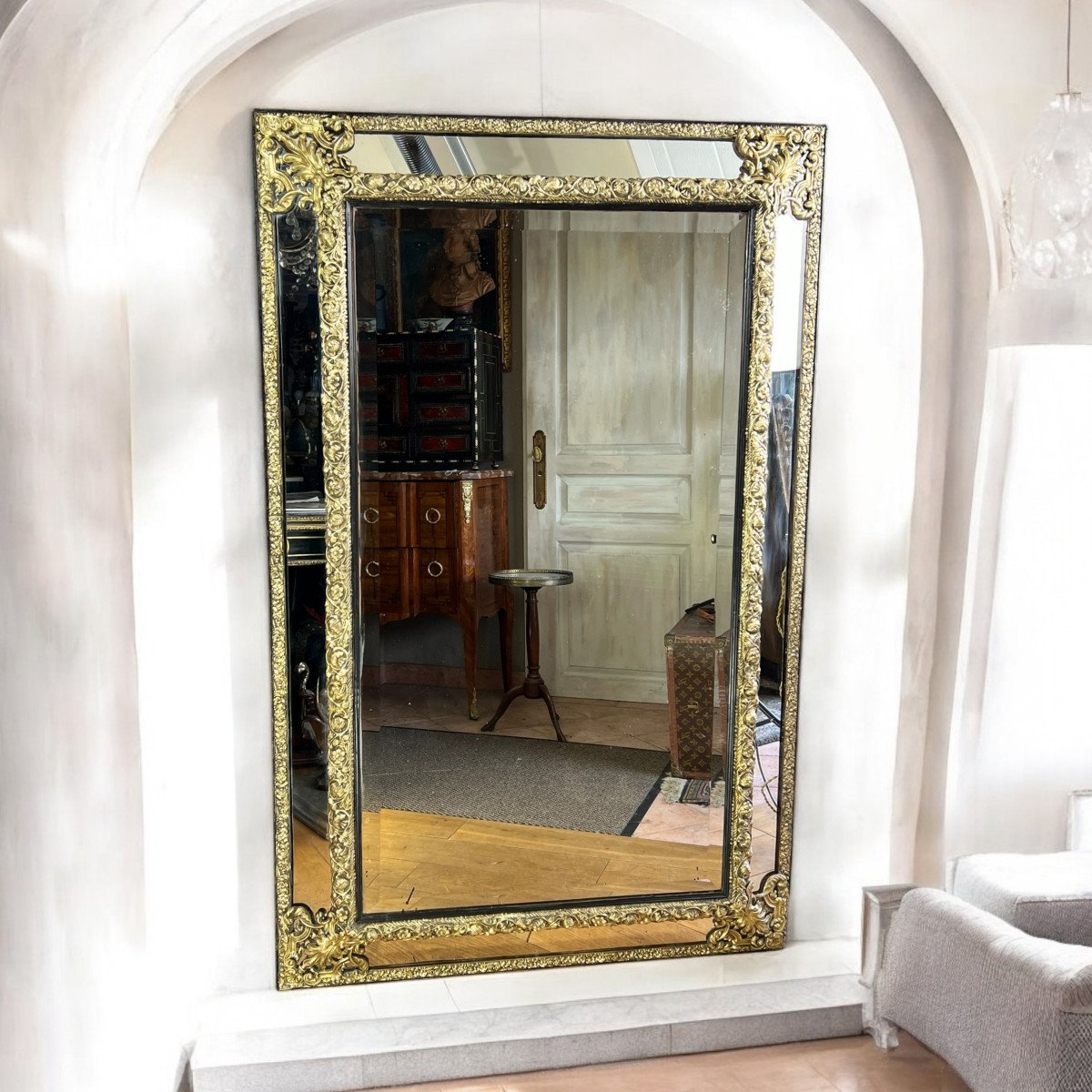 Large Mirror With Parecloses In Repoussé Brass, Napoleon III Period, 1.50 M High -photo-3