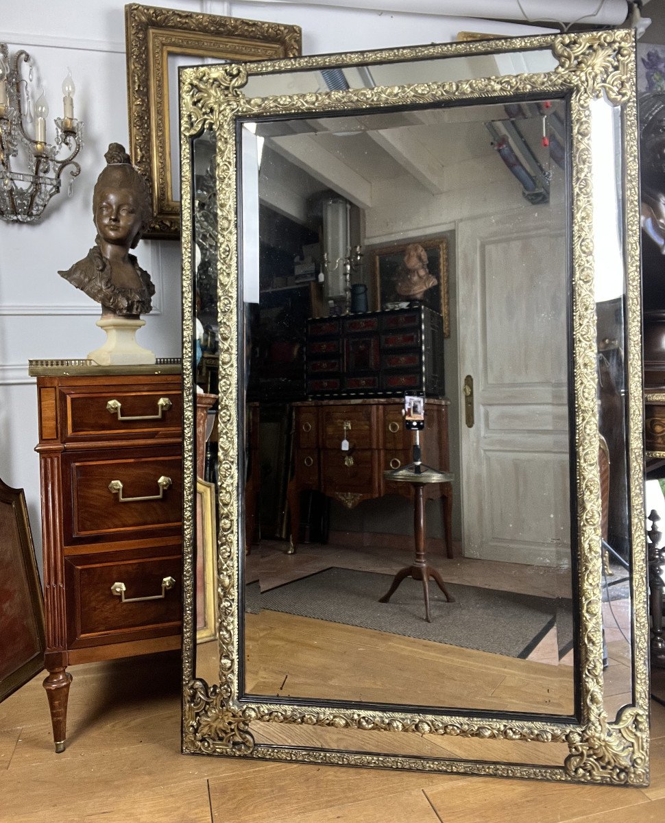 Large Mirror With Parecloses In Repoussé Brass, Napoleon III Period, 1.50 M High 