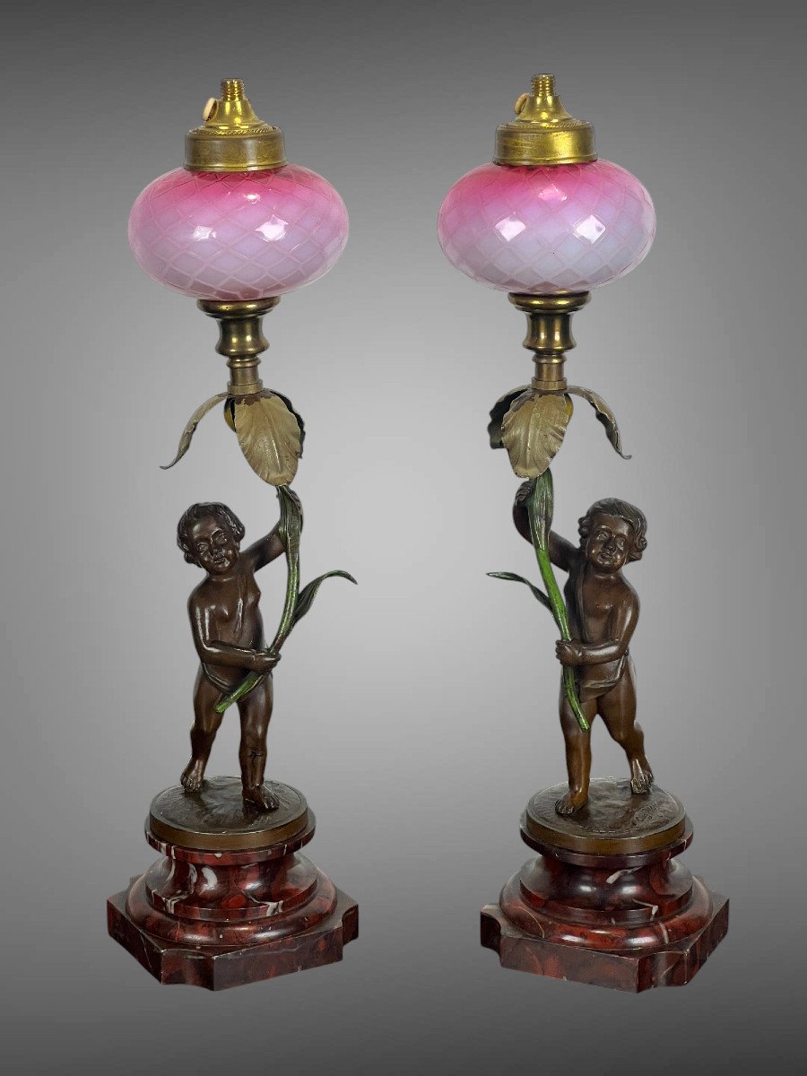 Pair Of Bronze Lamps Signed "auguste Moreau" Representing Putti-photo-3