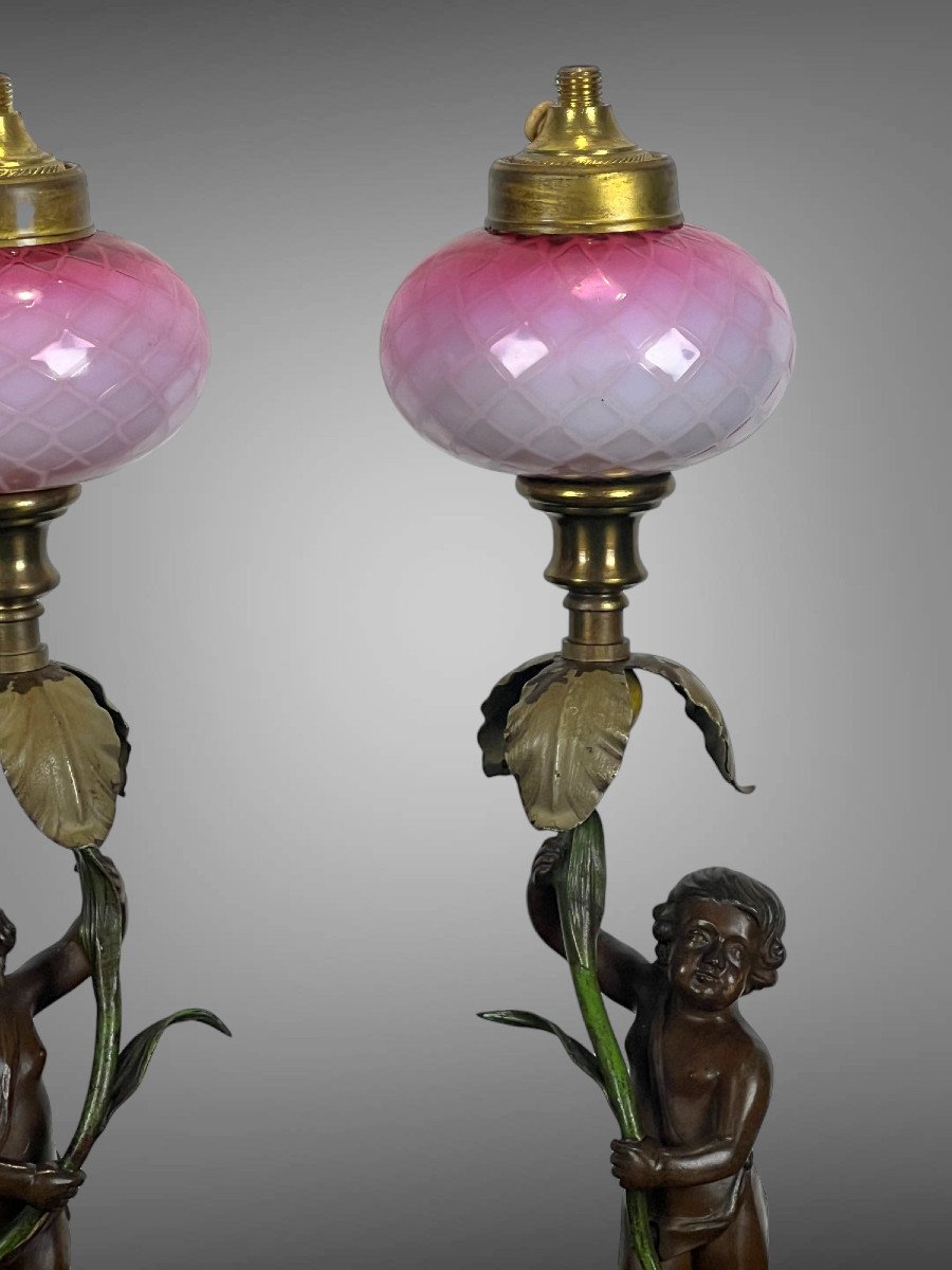 Pair Of Bronze Lamps Signed "auguste Moreau" Representing Putti-photo-1