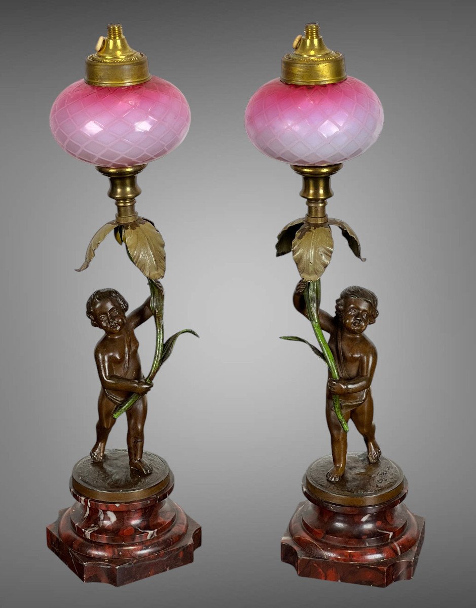 Pair Of Bronze Lamps Signed "auguste Moreau" Representing Putti