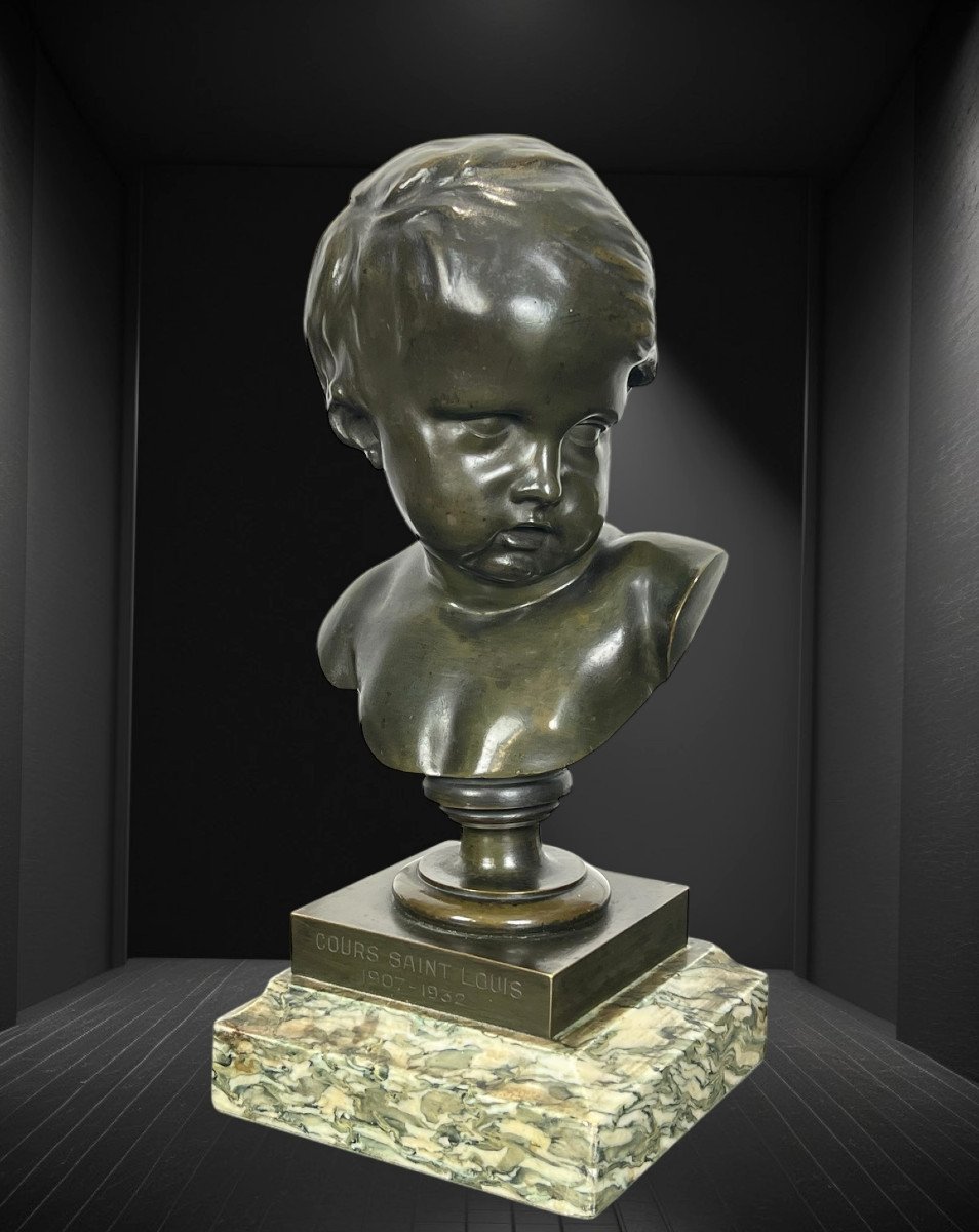 Bust Of A Putto In Patinated Bronze After Francois Duquesnoy On Marble Base-photo-2