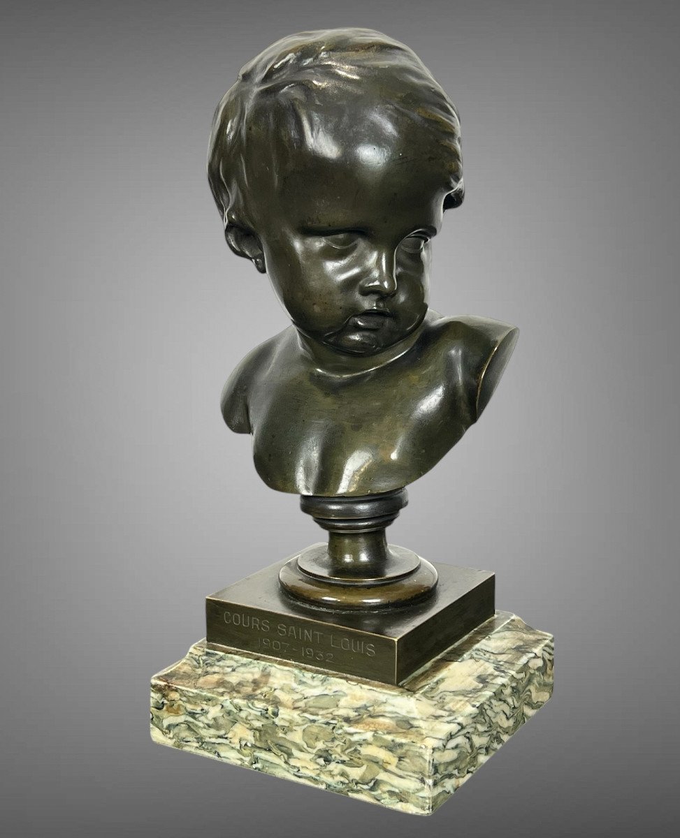 Bust Of A Putto In Patinated Bronze After Francois Duquesnoy On Marble Base-photo-2