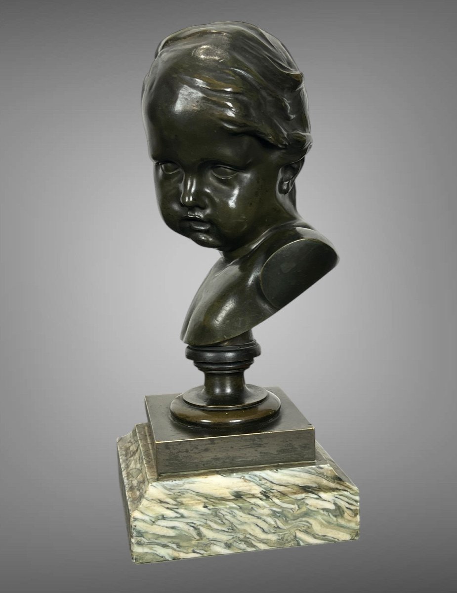 Bust Of A Putto In Patinated Bronze After Francois Duquesnoy On Marble Base-photo-4