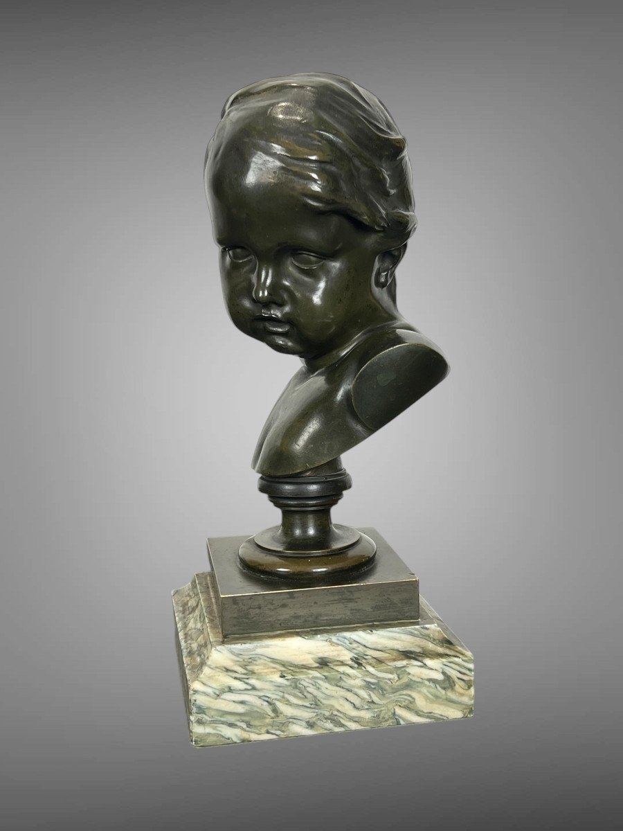 Bust Of A Putto In Patinated Bronze After Francois Duquesnoy On Marble Base-photo-5