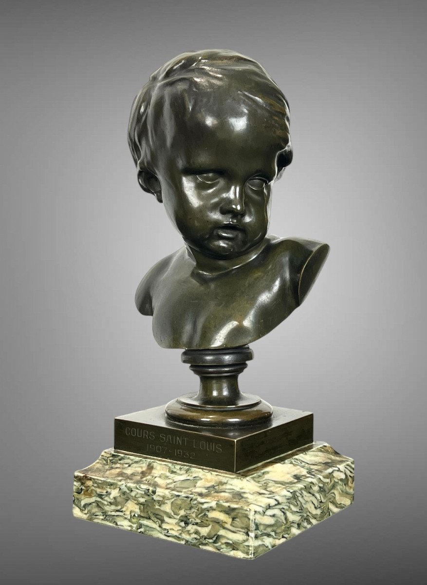 Bust Of A Putto In Patinated Bronze After Francois Duquesnoy On Marble Base