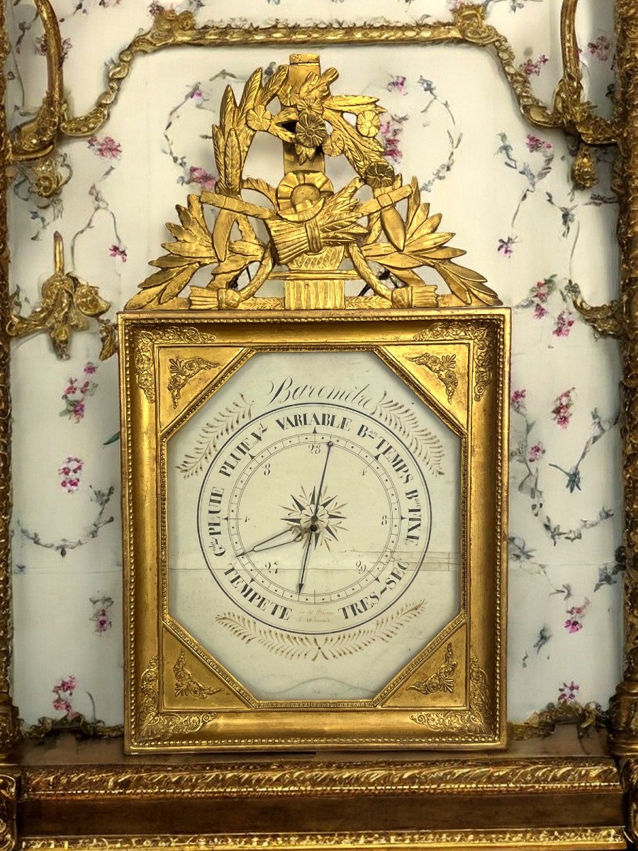 18th Century Octagonal Barometer In Gilded Wood With Laurel Leaf Pediment-photo-2