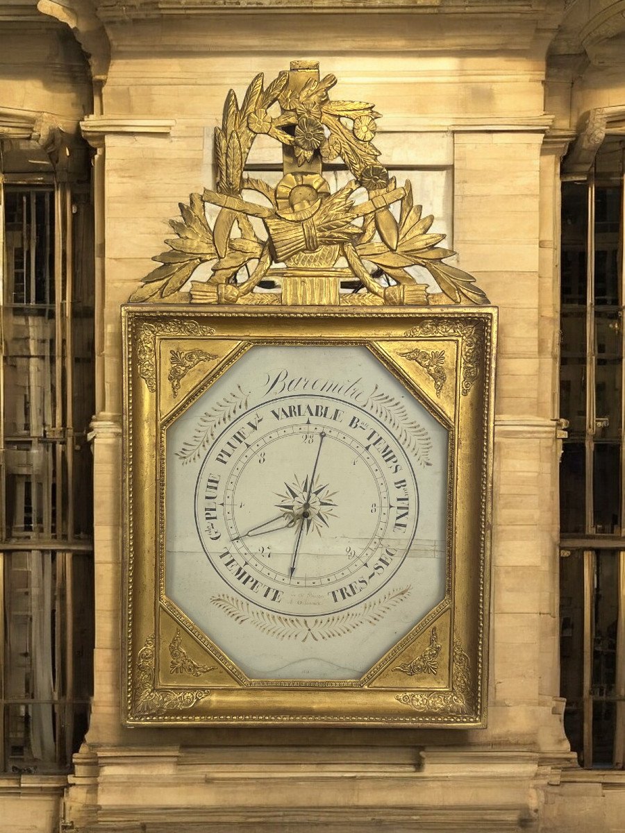 18th Century Octagonal Barometer In Gilded Wood With Laurel Leaf Pediment-photo-2