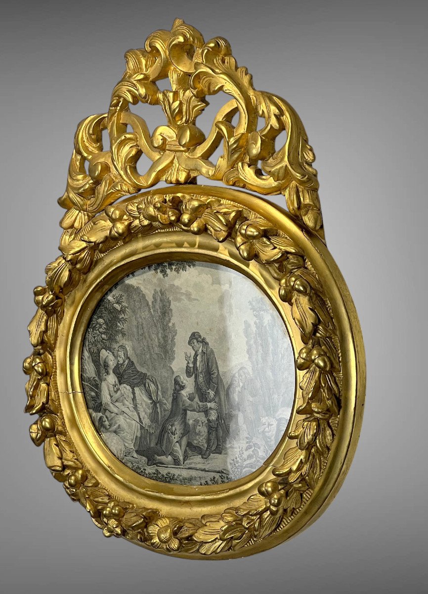 18th Century Louis XV Period Oval Frame In Gilded Carved Wood And Its Openwork Pediment-photo-4