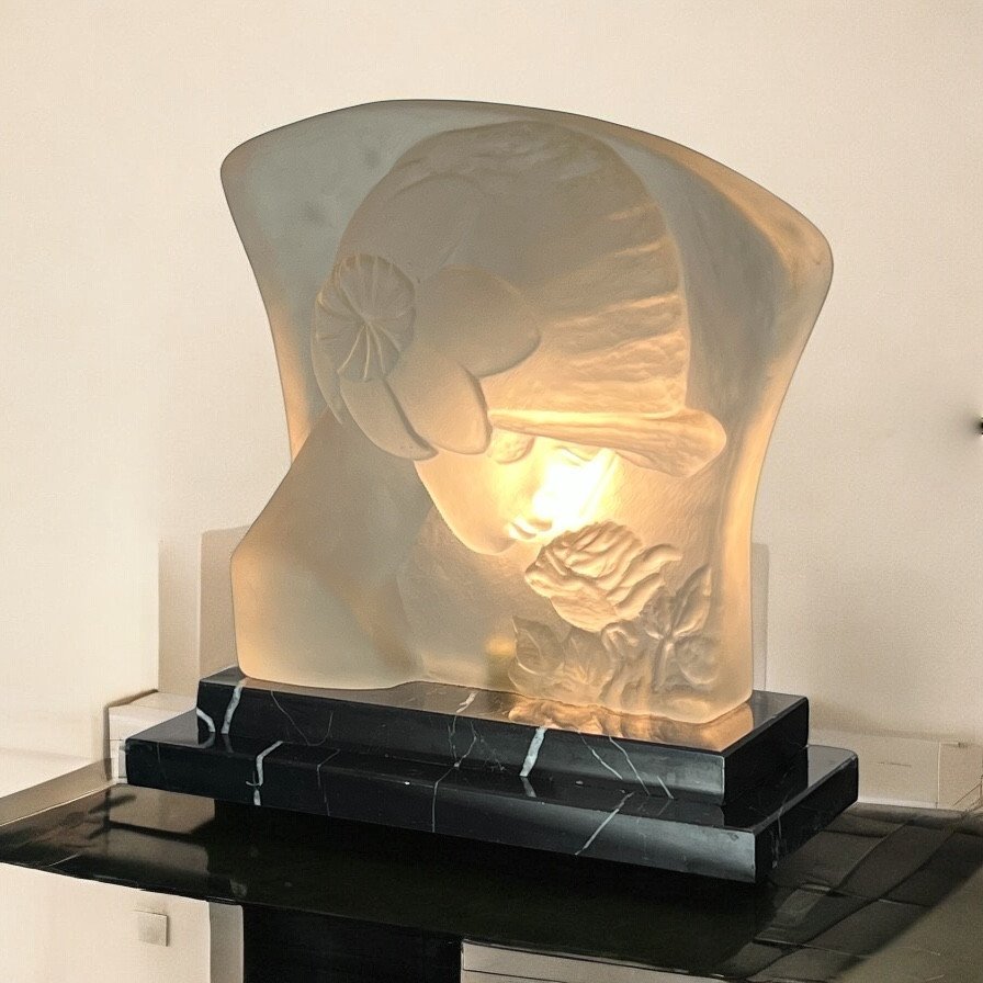 Lampe époque Art Déco En Pâte De Verre Sur Socle En Marbre " Visage De Femme "-photo-3